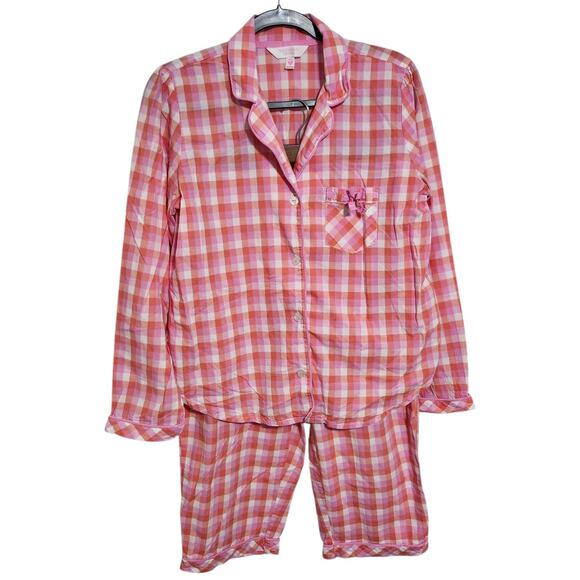 Victoria's Secret Plaid Pajama Set Womans Medium 100% COTTON Pink White Orange - Picture 3 of 8